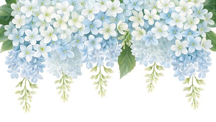Delicate watercolor painting of cascading blue and white wisteria flowers with green leaves