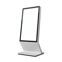Modern digital kiosk with a blank white screen and sleek white base