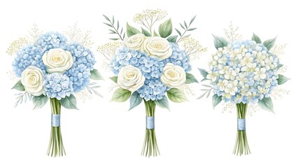 Three elegant wedding bouquets featuring delicate blue hydrangeas and creamy white roses with green foliage