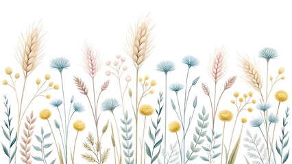 Delicate watercolor meadow with soft pastel wildflowers and tall grasses