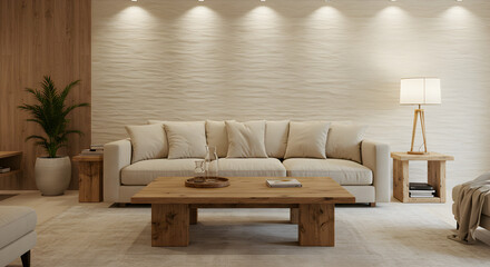 a beautiful living room interior design with cream colour theme 