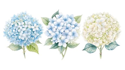 Three delicate watercolor hydrangeas in soft shades of blue and cream on a white background