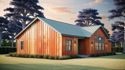 Obraz premium A stunning wooden home reflecting warmth in a peaceful landscape.