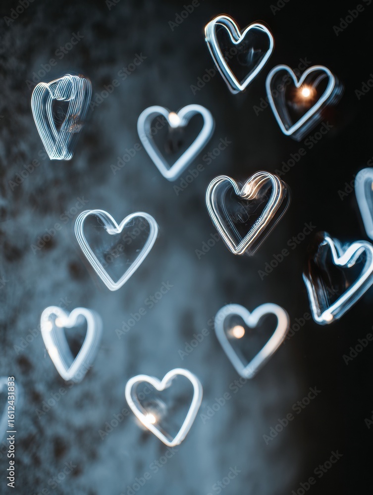 Poster floating neon hearts illuminate dark moody wall, creating a vibrant and enchanting atmosphere for a 