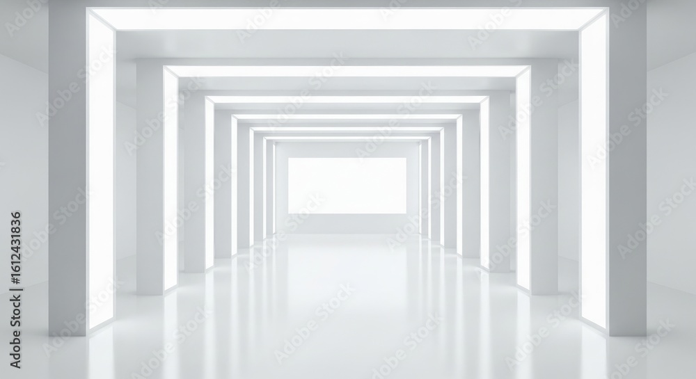 Poster white modern corridor with illuminated columns in bright minimalist architecture space