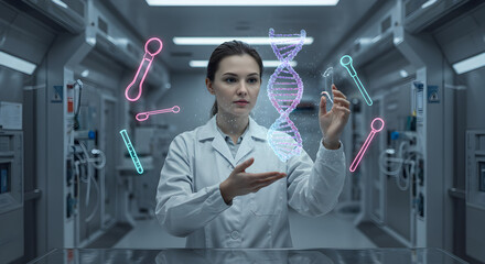 Scientist examining digital test readouts in modern sterile laboratory