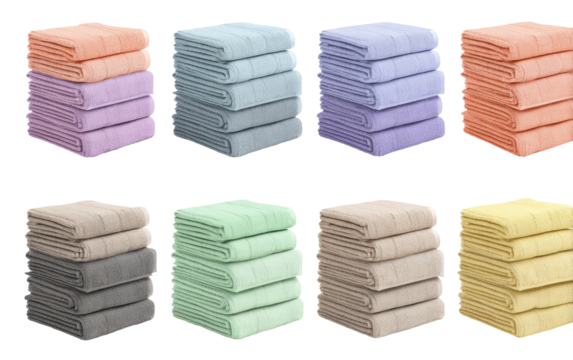 Stacked, soft, pastel-colored blankets in a grid pattern.  Various shades of peach, lavender, mint, grey, and yellow