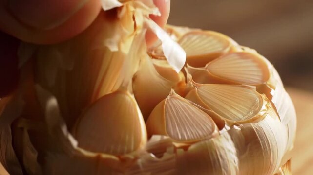 Close up of a hand peeling back the outer layer of a bulb of garlic on a wooden surface