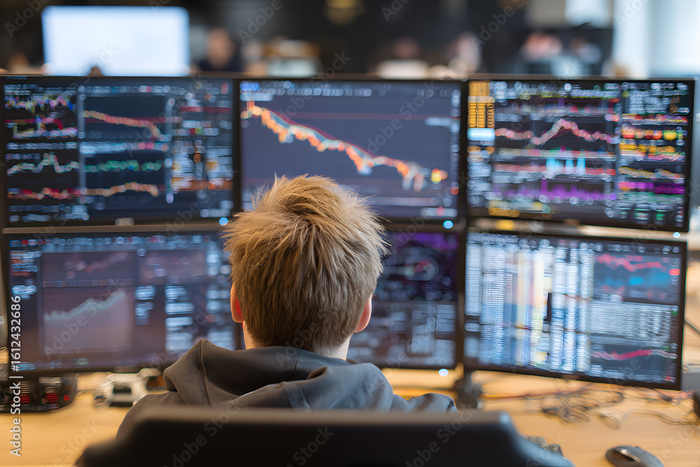 Poster stock trader analyzing real time data on multiple computer screens in office