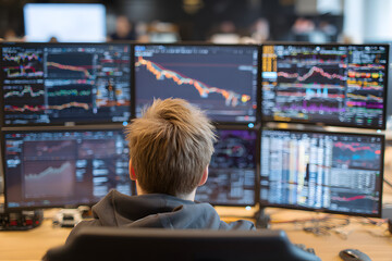 Stock trader analyzing real time data on multiple computer screens in office
