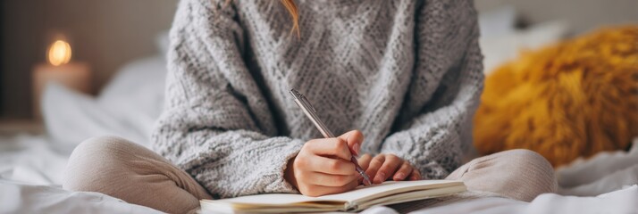 Young Woman Engages in Reflective Journaling Under Soft Lamp Light in a Cozy Room Setting
