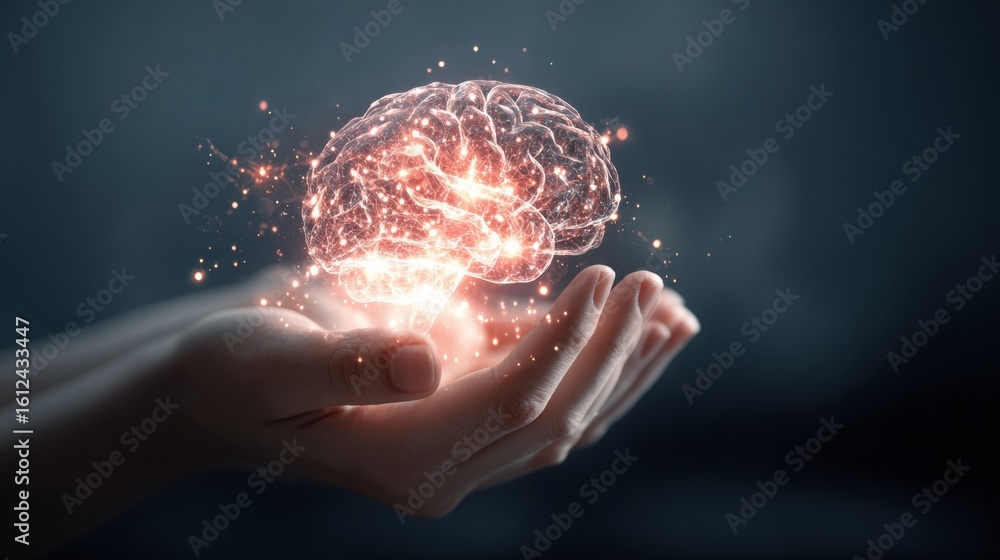 Poster glowing brain held by hands illuminates concepts of knowledge and creativity in a minimalistic compo