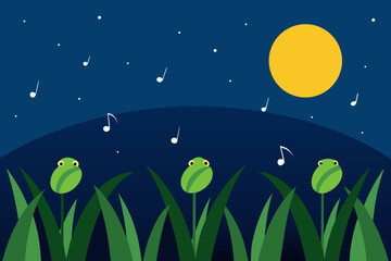 Obraz premium rice field frogs moon glowing