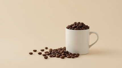 White mug filled with roasted coffee beans spilling onto a light beige surface image