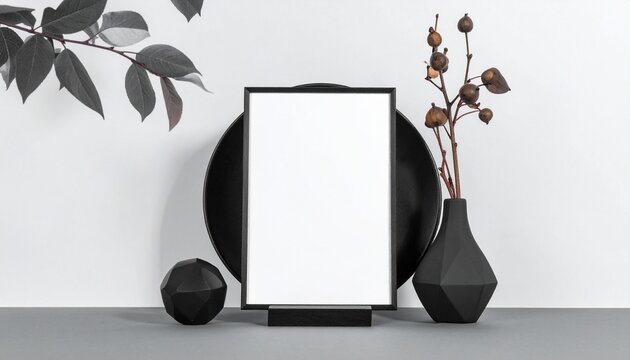 Elegant vertical black frame mockup for poster or photo display, set against a white wall with minimalist black home decor and dried botanicals - Powered by Adobe