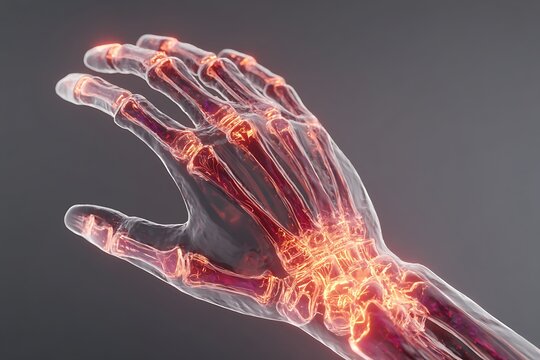 Detailed 3D Render of a Translucent Hand Skeleton Showing Bones and Joints for Medical Visualization and Anatomical Study
