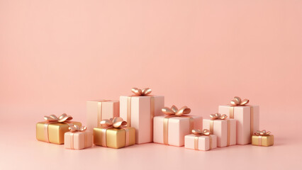 Obraz premium Pink and gold presents on pink background for holiday events, celebrations