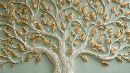 A tree relief with white branches and golden leaves on a light blue background wall design art