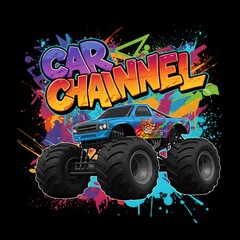 Dynamic Monster Truck Illustration with Vibrant Paint Splatters and 'Car Channel' Text. Bold Urban Art Style Graphic for Automotive Enthusiasts.