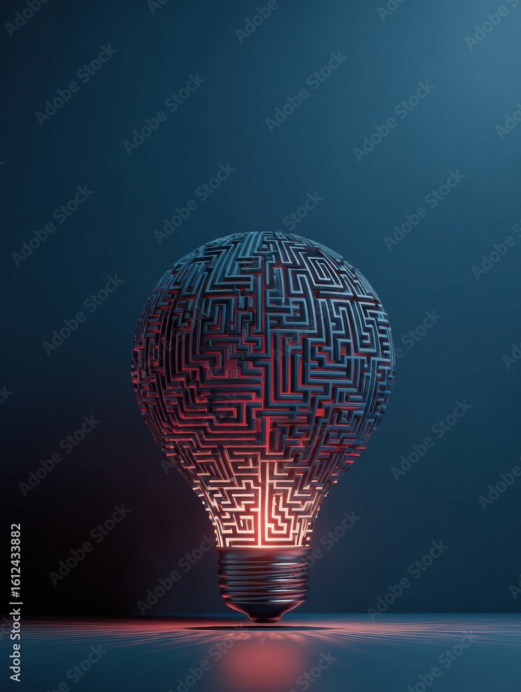 Poster maze design illuminated within a lightbulb shape creating a glowing effect in a dark setting