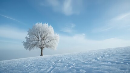 Winter landscape with a frosted tree on a snow-covered hill under a clear blue sky with clouds