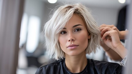 Fototapeta premium Woman receiving a haircut in a modern salon with bright lighting