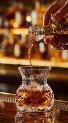 Whiskey Pouring into a Crystal Glass with Ice on a Bar Top