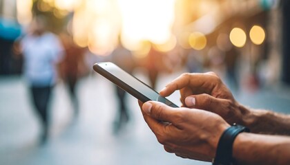 Close-up of hands holding a phone outdoors. City street background