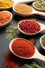 Different aromatic spices in spoons on black table, closeup