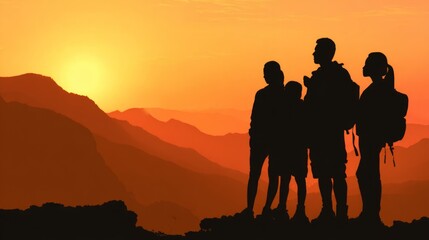 Fototapeta premium Family silhouette against a mountain sunset, evoking outdoor adventure and togetherness. 