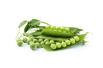 Fresh green peas in pods and sprout isolated on white