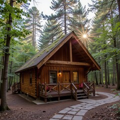 wooden cabin with green roof in a peaceful forest, captured in golden hour, nature integrated architecture, environmental harmony