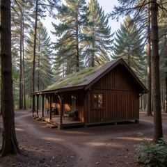 wooden cabin with green roof in a peaceful forest, captured in golden hour, nature integrated architecture, environmental harmony