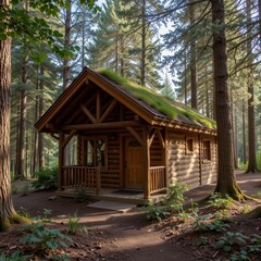 wooden cabin with green roof in a peaceful forest, captured in golden hour, nature integrated architecture, environmental harmony