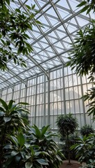 glass and steel greenhouse structure in botanical park, architectural detail shot, soft ambient light, green tech, bio architecture