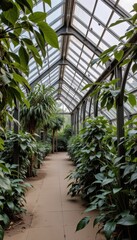 glass and steel greenhouse structure in botanical park, architectural detail shot, soft ambient light, green tech, bio architecture