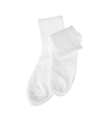 Pair of comfortable socks isolated on white, top view