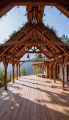 open air yoga studio with wooden structure and green roof, mountain view, soft backlight, wellness architecture