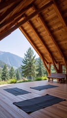 open air yoga studio with wooden structure and green roof, mountain view, soft backlight, wellness architecture