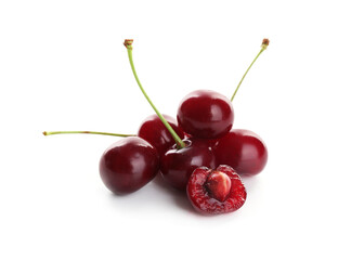 Many fresh ripe cherries isolated on white