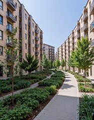 energy efficient residential complex with community garden and bike paths, realistic daylight, inclusive and modern green lifestyle