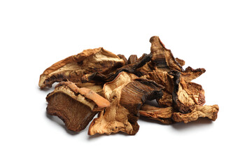 Pieces of dried mushrooms isolated on white