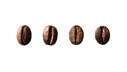 Four coffee beans, close-up, dark background. Each bean shows its facets and surface texture. Deep browns, subtle highlights