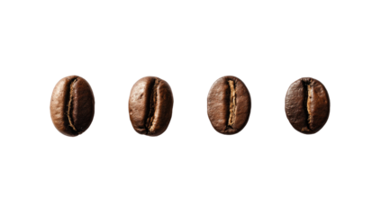 Four coffee beans, close-up, dark background.  Each bean shows its facets and surface texture.  Deep browns, subtle highlights