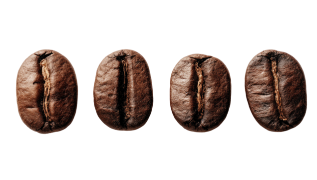 Close-up of four coffee beans, top view, displaying texture and detail