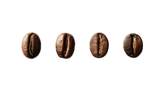 Four coffee beans, close-up, dark background. Each bean shows its facets and surface texture. Deep browns, subtle highlights - Powered by Adobe