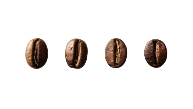 Four coffee beans, close-up, dark background.  Each bean shows its facets and surface texture.  Deep browns, subtle highlights