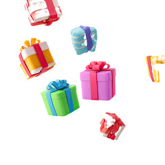 Colorful gift boxes falling in a dynamic composition