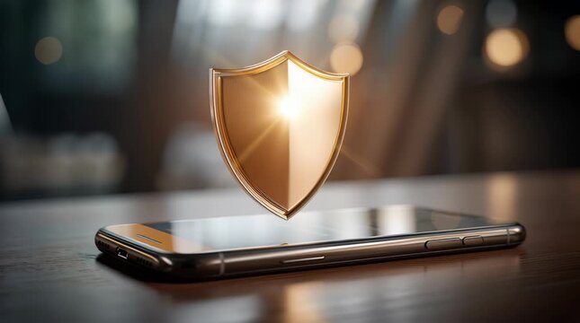 Smartphone Security and Protection Glowing Shield on Wooden Table Symbolizing Mobile Device Technology
