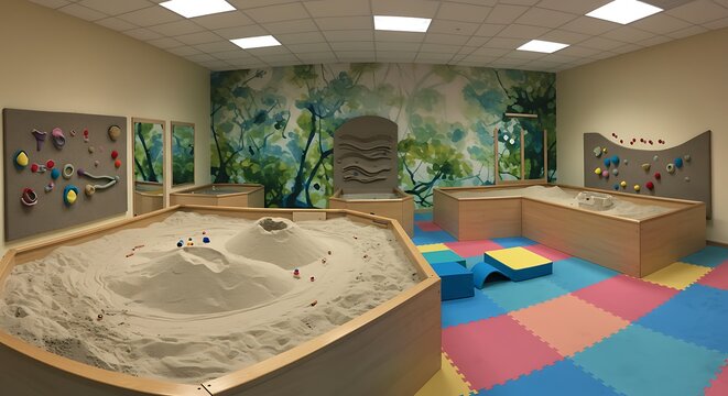 Interior view of a sensory room featuring a large sand tray with mounds, colorful floor tiles, and a nature-themed mural on the back wall.